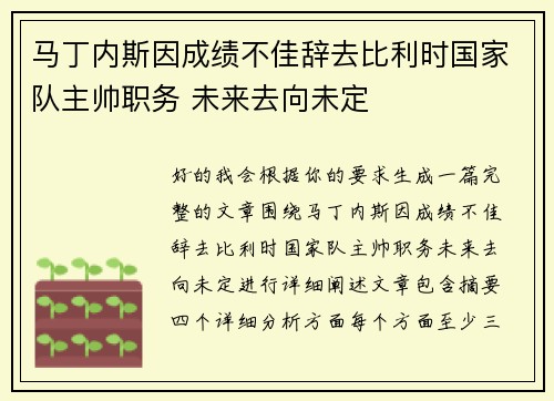 马丁内斯因成绩不佳辞去比利时国家队主帅职务 未来去向未定