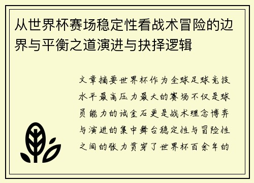 从世界杯赛场稳定性看战术冒险的边界与平衡之道演进与抉择逻辑