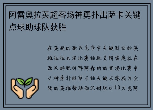 阿雷奥拉英超客场神勇扑出萨卡关键点球助球队获胜